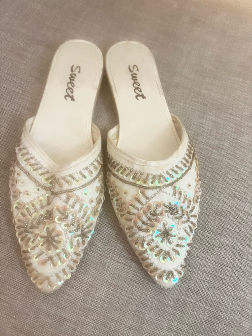 Sweet Embellished White Slip-On Pointed Mules